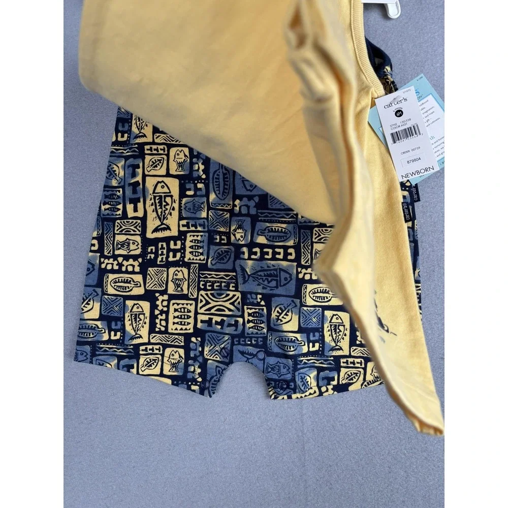 Vintage Carters Sleeveless Rompers Baby Boys 3-6M Yellow Surf Shop Fish 2 Pack